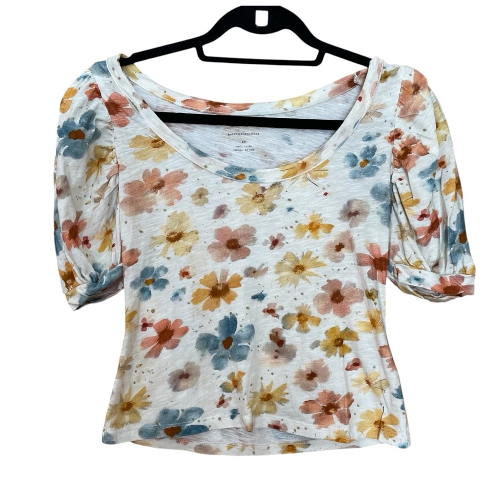 Anthropologie XS Watercolor Floral Puff Sleeve Scoop Neck Slub Knit Cotton Top